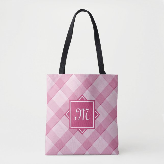 Tote Bag Chic Pink Plaid Avec Monogramme Diagonal Moderne (Devant)