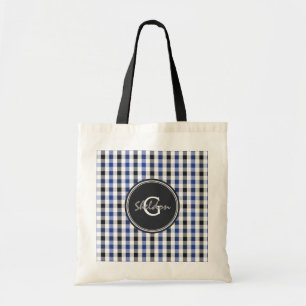 Tote Bag chic preppy bleu noir en vichy motif monogramme