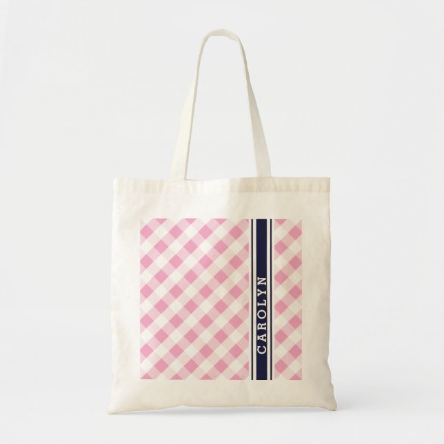 Tote Bag chic preppy rose marine en vichy motif monogramme (Devant)