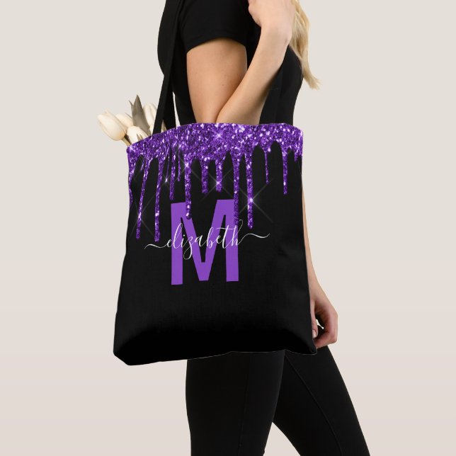 Tote Bag Chic Purple Driple Parties scintillant Nom du mono (De près)