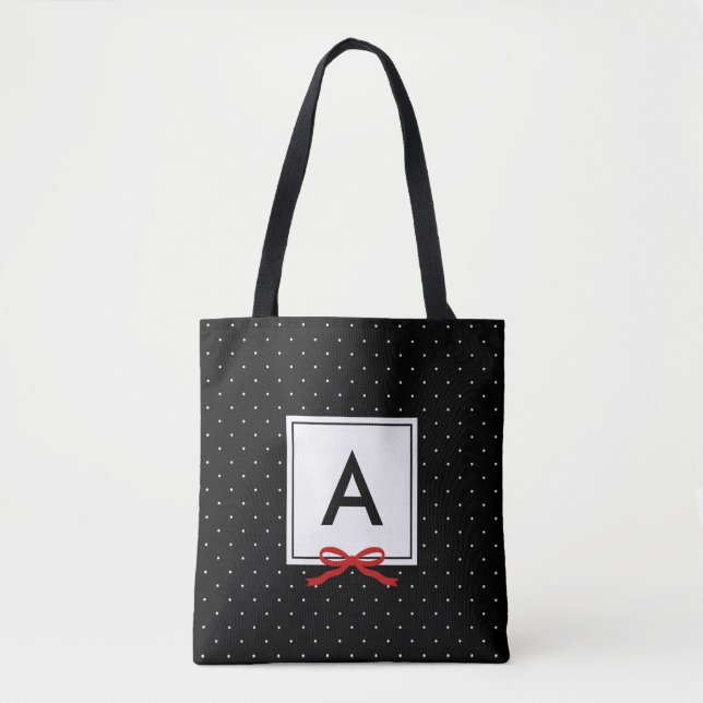 Tote Bag Chic Red Ribbon Black Polka Dot Motif Monogramme (Devant)