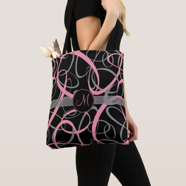 Tote Bag Chic rose et gris sur noir loopy rétro monogramme (De près)