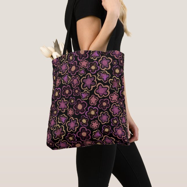Tote Bag Chic rose Fleur noire Motif à la main (De près)