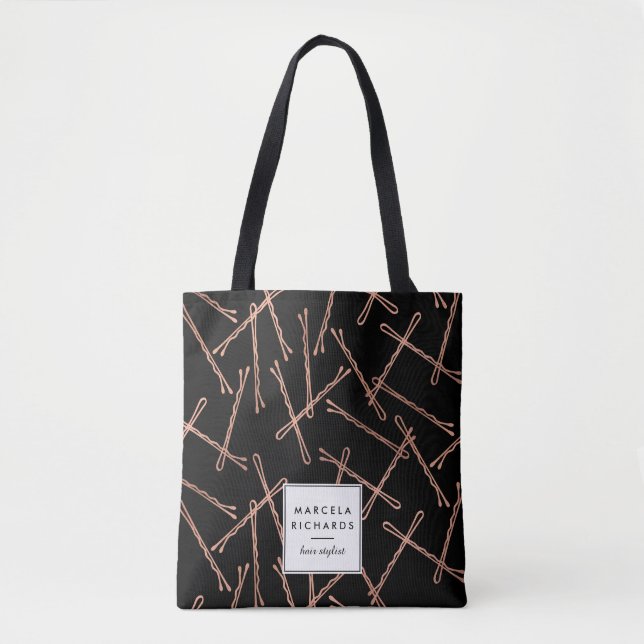 Tote Bag Chic Rose Gold Bobby Pins Noir Personnalisé (Devant)