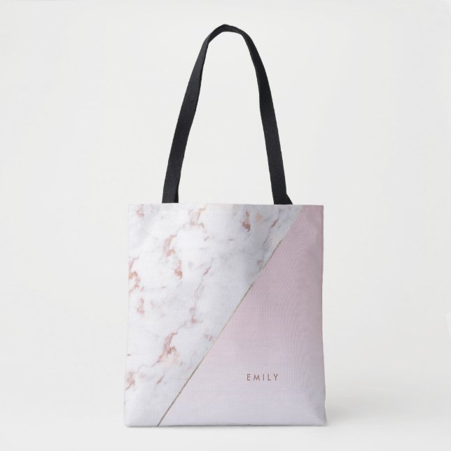 Tote Bag Chic Rose Gold Marble Blush Personnalisé (Devant)