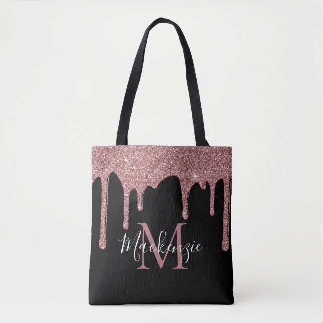 Tote Bag Chic Rose Gold Pailletés Gouttes de Monogramme (Devant)