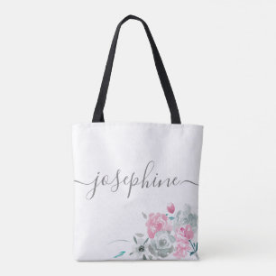 Tote Bag Chic rose gris aquarelle nom floral Bridesmaid