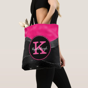 Tote Bag Chic Rose Noir Gris Vagues Glam Monogramme Nom