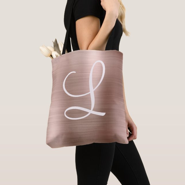 Tote Bag Chic Rose or brossé métal rose Monogramme (De près)
