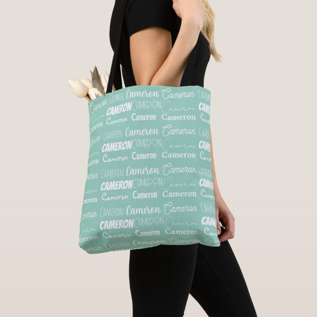 Tote Bag Chic Seafoam Green Personalized Name Collage (De près)