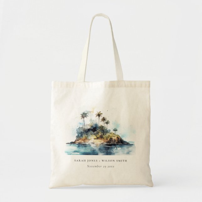 Tote Bag Chic Watercolor Seascape Palm Tree Island Mariage (Devant)
