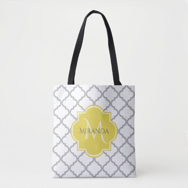 Tote Bag Chic White Grey Quatrefoil Yellow Monogramme Nom (Devant)