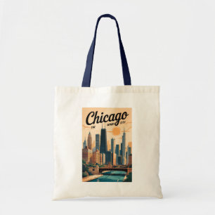 Tote Bag Chicago Illinois Skyline Travel Art Vintage