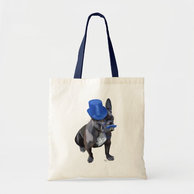 Tote Bag Chien à tête bleue avec chapeau bleu et moustache (Devant)
