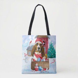 Tote Bag Chien Basset Hound dans la maison de Noël enneigée
