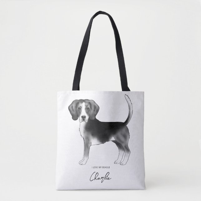 Tote Bag Chien beagle En Noir Et Blanc Et Texte Personnalis (Devant)