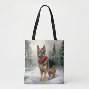 Tote Bag Chien berger allemand en Noël de neige