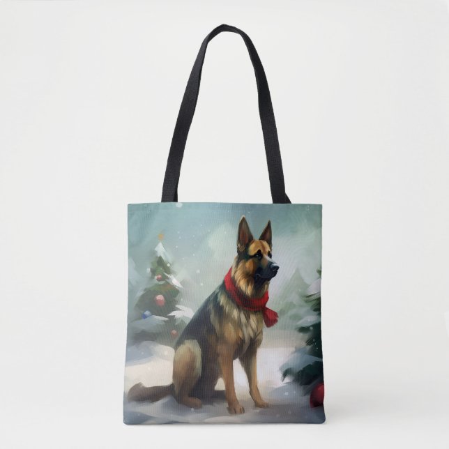 Tote Bag Chien berger allemand en Noël de neige (Devant)