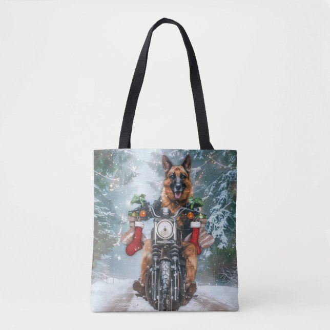 Tote Bag Chien berger allemand équitation moto Noël (Devant)
