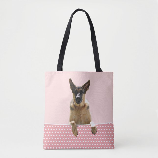 Tote Bag Chien berger allemand Pois roses (Devant)
