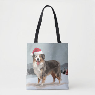 Tote Bag Chien berger australien en Noël de neige