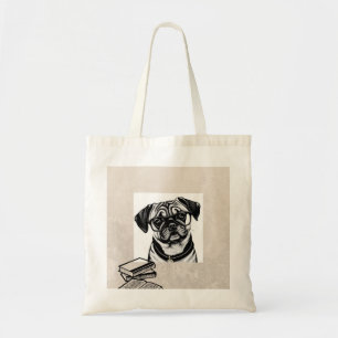 Tote Bag Chien carlin avec lunettes et livres Fourre-tout