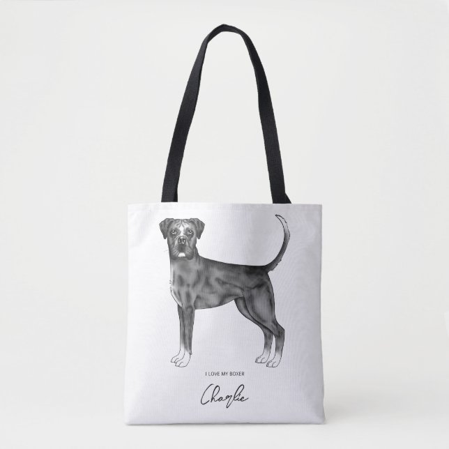 Tote Bag Chien De Boxe Allemand En Noir Et Blanc & Texte Pe (Devant)