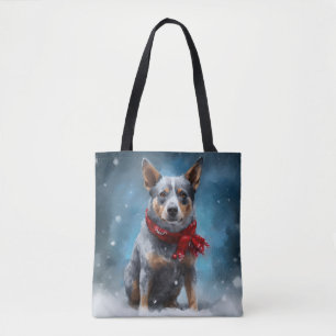 Tote Bag Chien de Heeler Bleu à Noël de neige