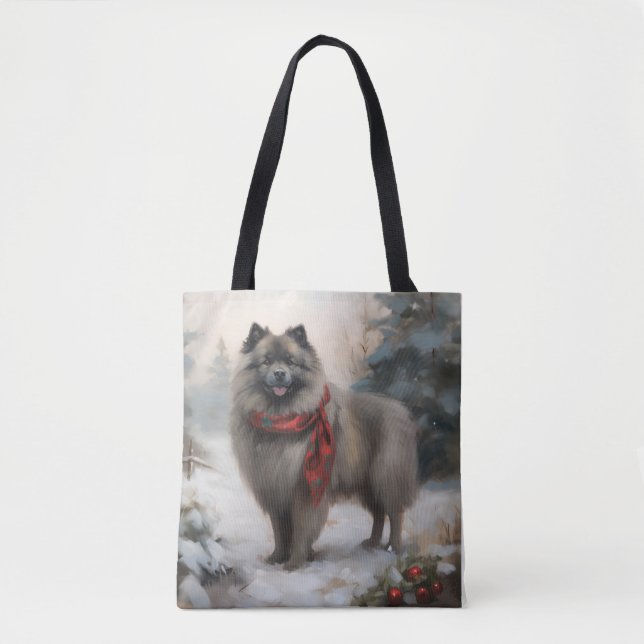 Tote Bag Chien de Keeshond à Noël de neige (Devant)
