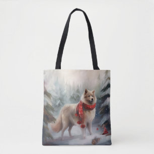 Tote Bag Chien de lappund finlandais à Noël de neige