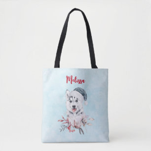 Tote Bag Chien de Noël Husky dans un chapeau de Père Noël