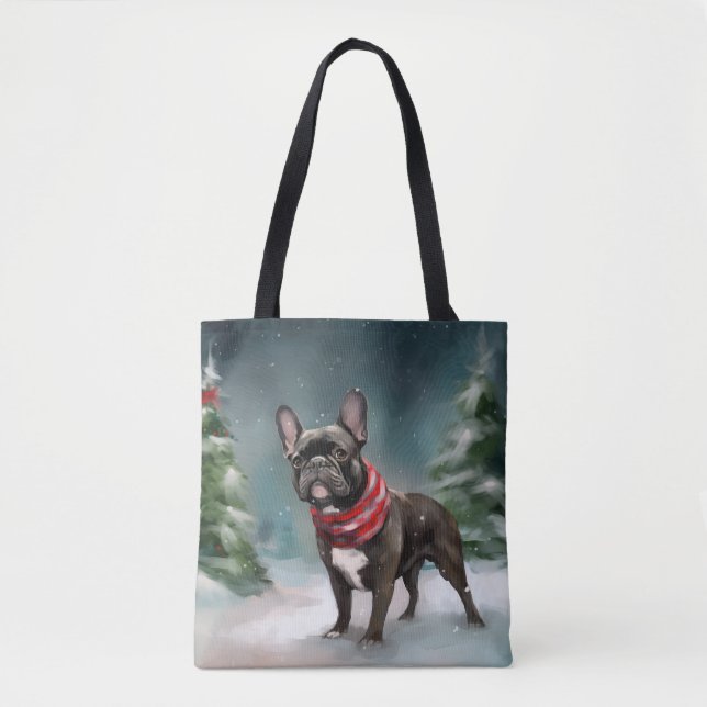 Tote Bag Chien de taureau français à Noël de neige (Devant)