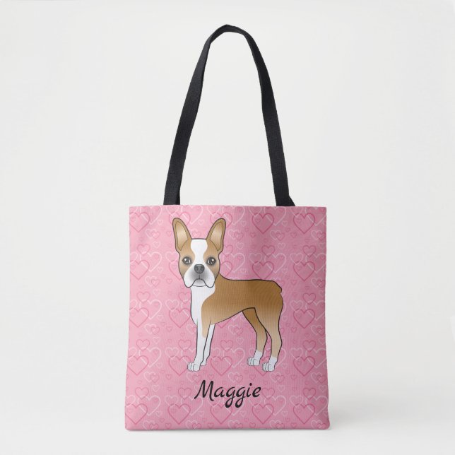 Tote Bag Chien De Terrier De Boston Faun Et Blanc Sur Coeur (Devant)