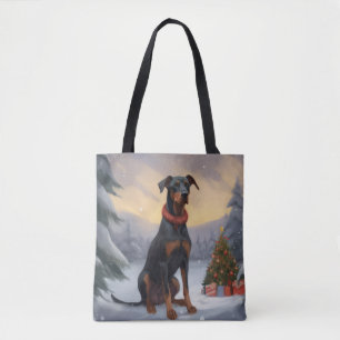 Tote Bag Chien Doberman dans la neige de Noël