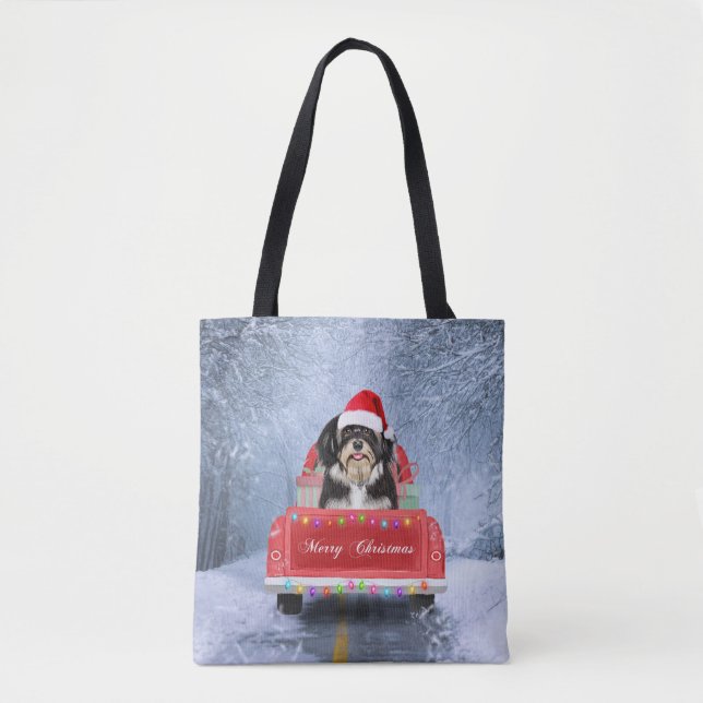Tote Bag Chien Havanais en neige assis sur un camion de Noë (Devant)