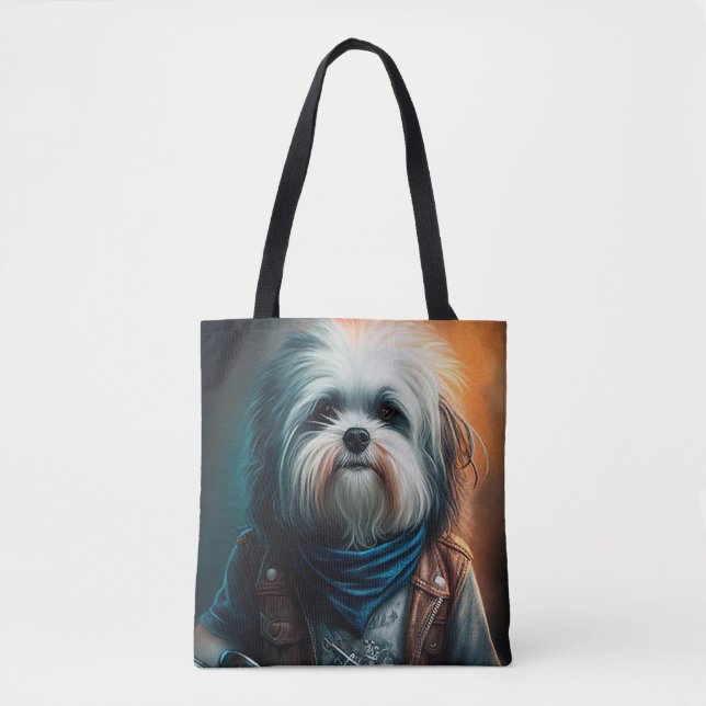 Tote Bag Chien Havanais en vélo peinture numérique (Devant)