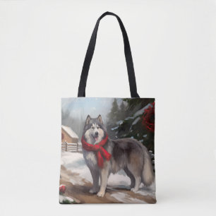 Tote Bag Chien malamué de l'Alaska en Noël de neige