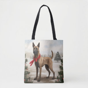 Tote Bag Chien Malinois Belge dans la neige de Noël
