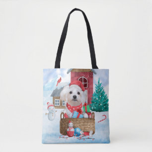 Tote Bag Chien maltais dans la neige Maison de Chien de Noë