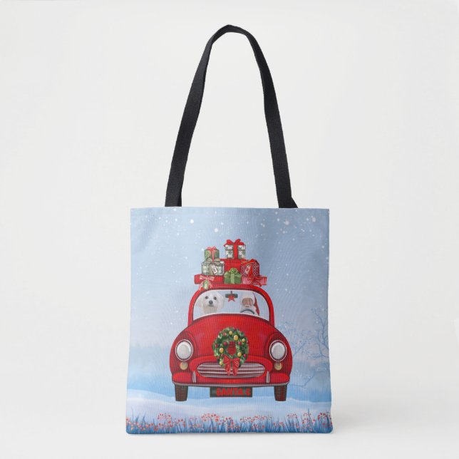 Tote Bag Chien Maltais En Voiture Avec Le Père Noël (Devant)