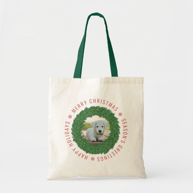 Tote Bag Chien mignon dans la couronne de Noël Photo person (Devant)