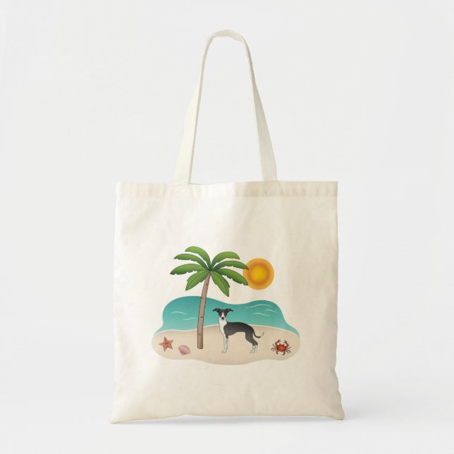 Tote Bag Chien Noir Et Blanc Iggy À La Plage Tropicale D'Ét (Devant)
