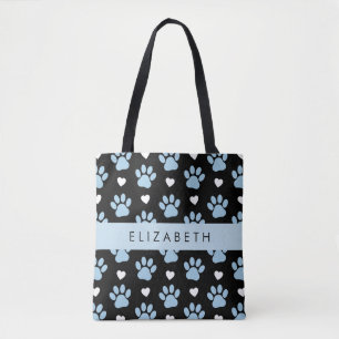 Tote Bag Chien Paws, Blue Paws, White Hearts, Votre Nom