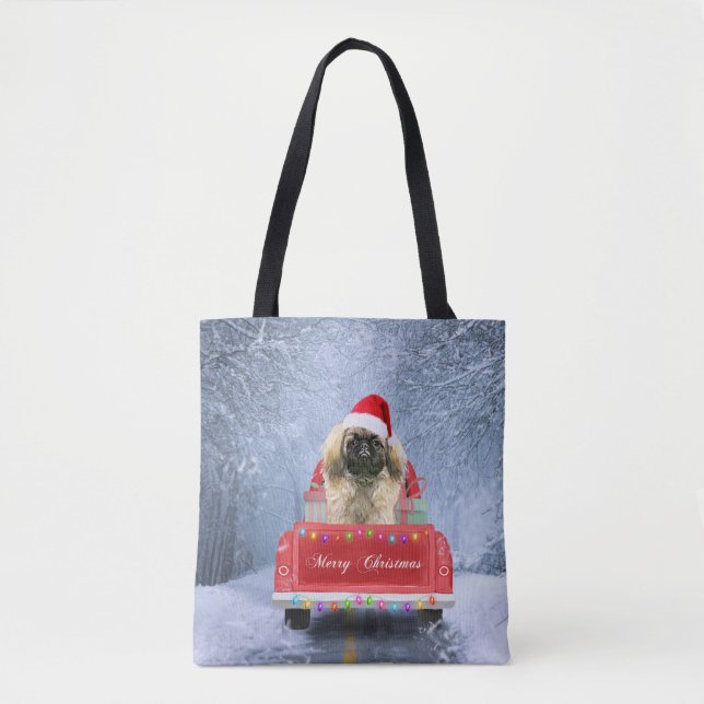 Tote Bag Chien pekingese en neige assis sur un camion de No (Devant)