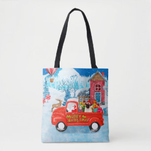 Tote Bag Chien Pug camion de livraison de Noël enneigé