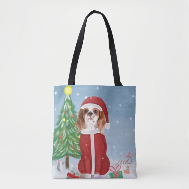Tote Bag Chien roi Cavalier en neige avec cadeaux de Noël (Devant)