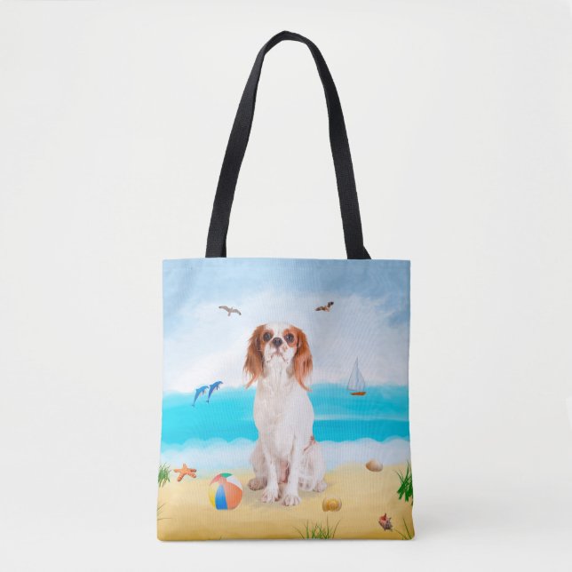Tote Bag Chien roi cavalier sur la plage (Devant)