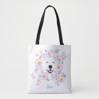 Tote Bag Chien Samoyed et fleurs roses, nom customisé