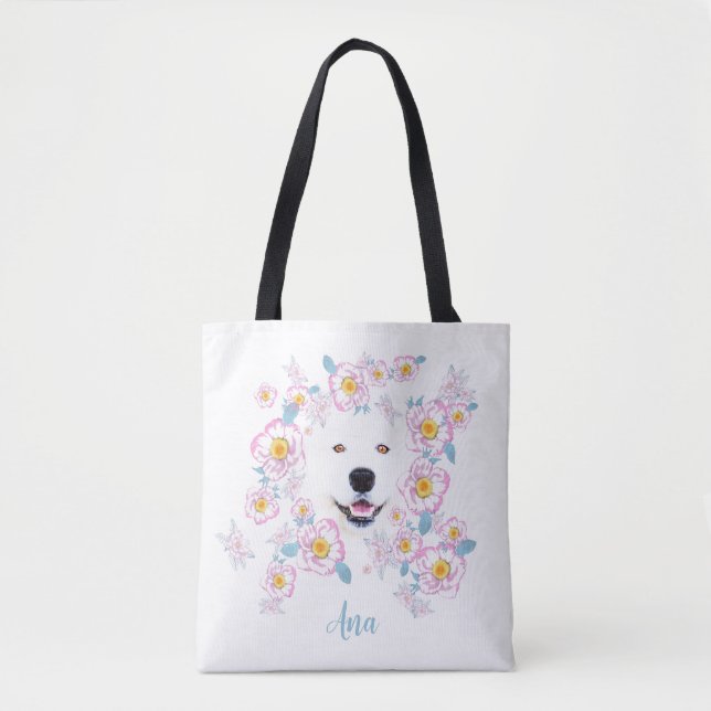 Tote Bag Chien Samoyed et fleurs roses, nom customisé (Devant)