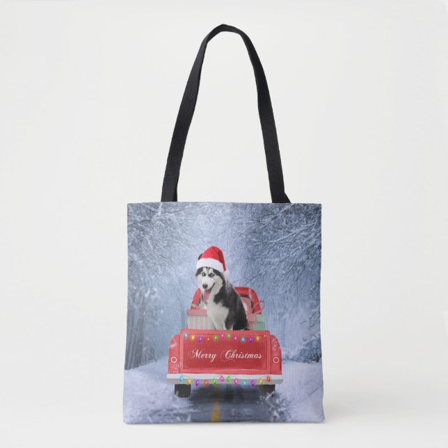 Tote Bag Chien sibérien Husky en neige assis Camion de Noël (Devant)